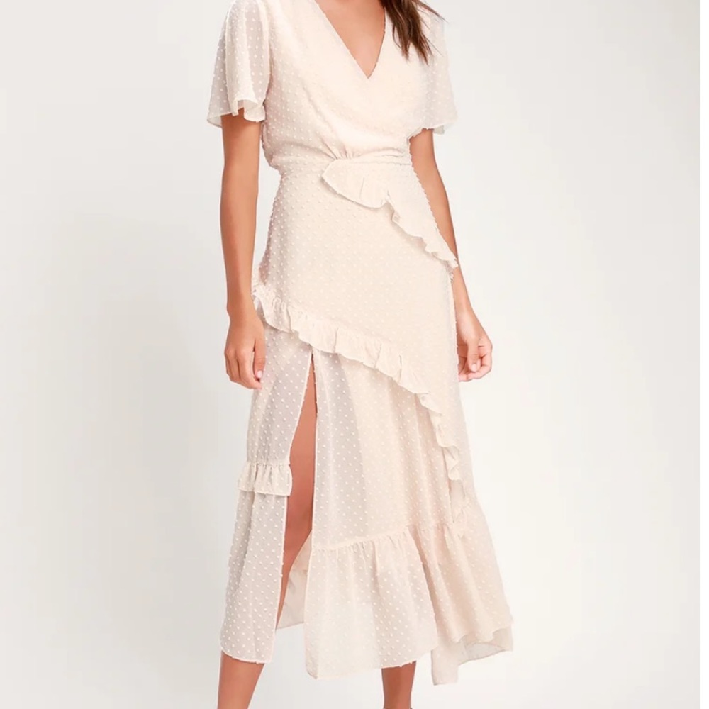 Lulus Swiss dot cream midi dress